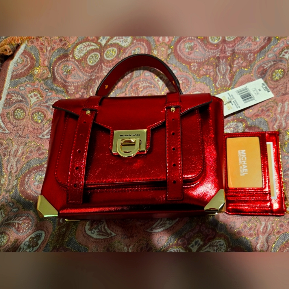 NWT Mettalic red Michael Kors Purse and matching ID/credit card holder.